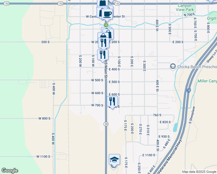 map of restaurants, bars, coffee shops, grocery stores, and more near 545 South Main Street in Nephi