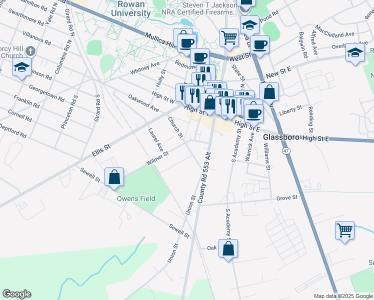 map of restaurants, bars, coffee shops, grocery stores, and more near 23 Church Street in Glassboro