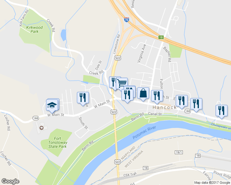 map of restaurants, bars, coffee shops, grocery stores, and more near 224 West Main Street in Hancock