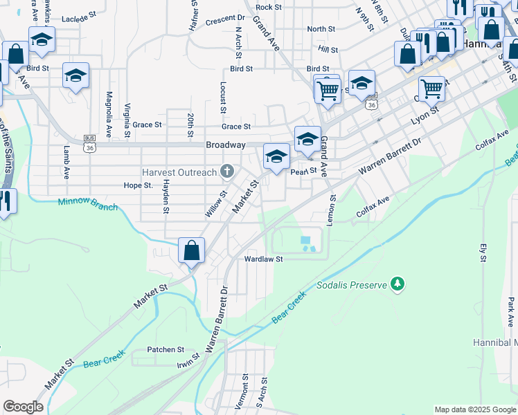 map of restaurants, bars, coffee shops, grocery stores, and more near 1605 Turn Street in Hannibal