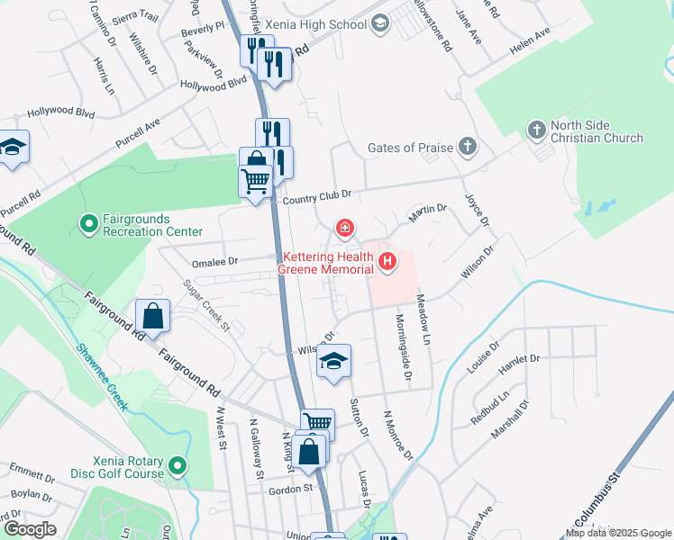 map of restaurants, bars, coffee shops, grocery stores, and more near 1101 Frederick Drive in Xenia