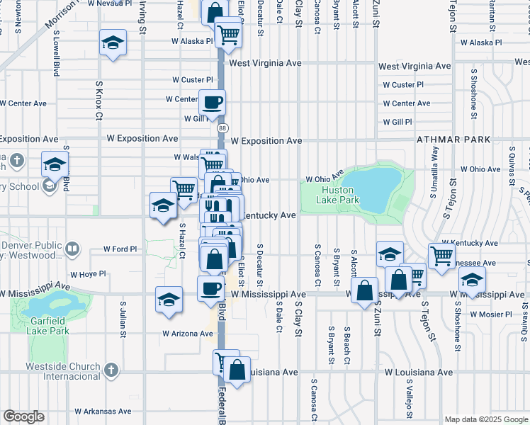 map of restaurants, bars, coffee shops, grocery stores, and more near 898 South Decatur Street in Denver