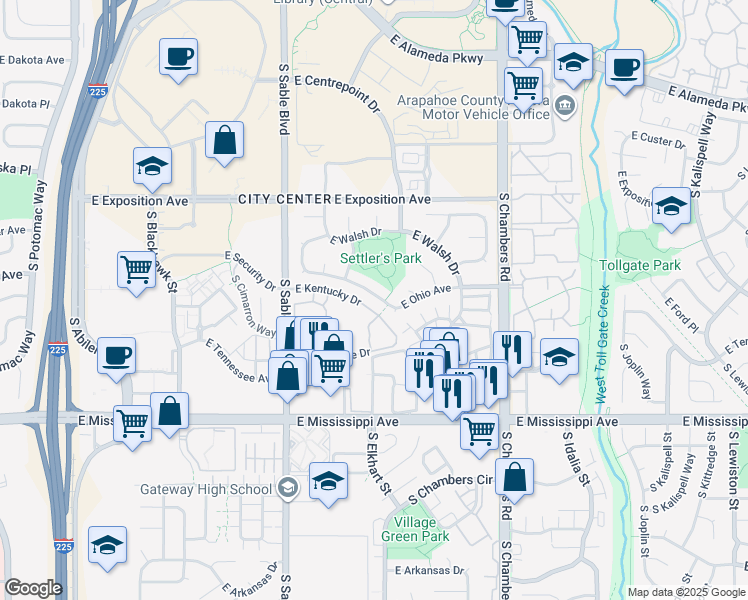 map of restaurants, bars, coffee shops, grocery stores, and more near 14798 East Ohio Avenue in Aurora