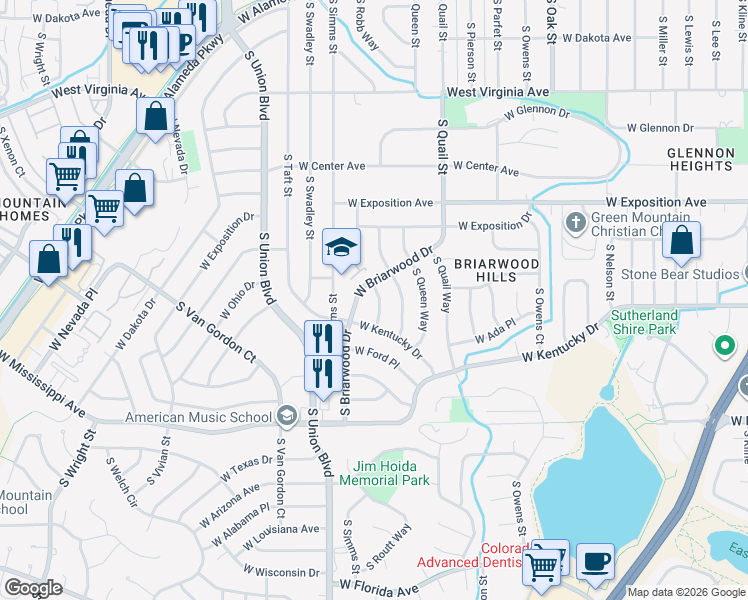 map of restaurants, bars, coffee shops, grocery stores, and more near 859 South Routt Court in Lakewood