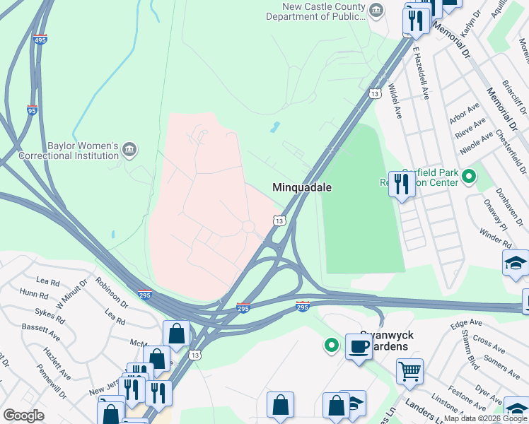 map of restaurants, bars, coffee shops, grocery stores, and more near 10 Central Avenue in New Castle