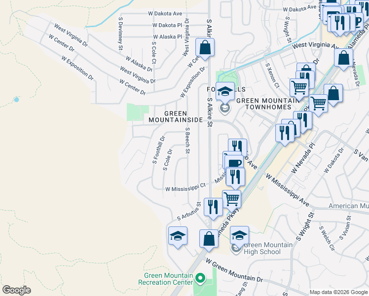 map of restaurants, bars, coffee shops, grocery stores, and more near 866 South Cole Drive in Lakewood