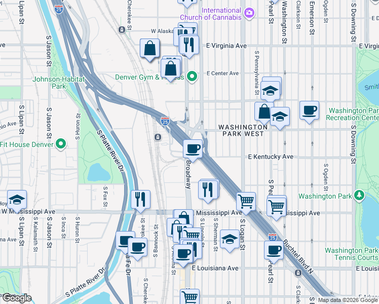 map of restaurants, bars, coffee shops, grocery stores, and more near 828 South Broadway in Denver