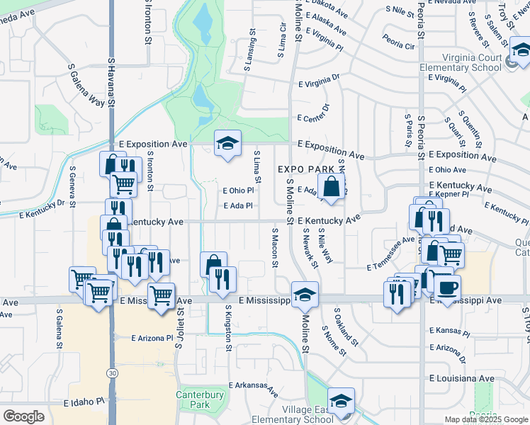 map of restaurants, bars, coffee shops, grocery stores, and more near 11433 East Kentucky Avenue in Aurora