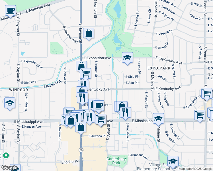 map of restaurants, bars, coffee shops, grocery stores, and more near 10827 East Kentucky Avenue in Aurora