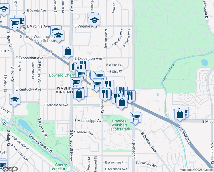 map of restaurants, bars, coffee shops, grocery stores, and more near 836 South Oneida Street in Denver