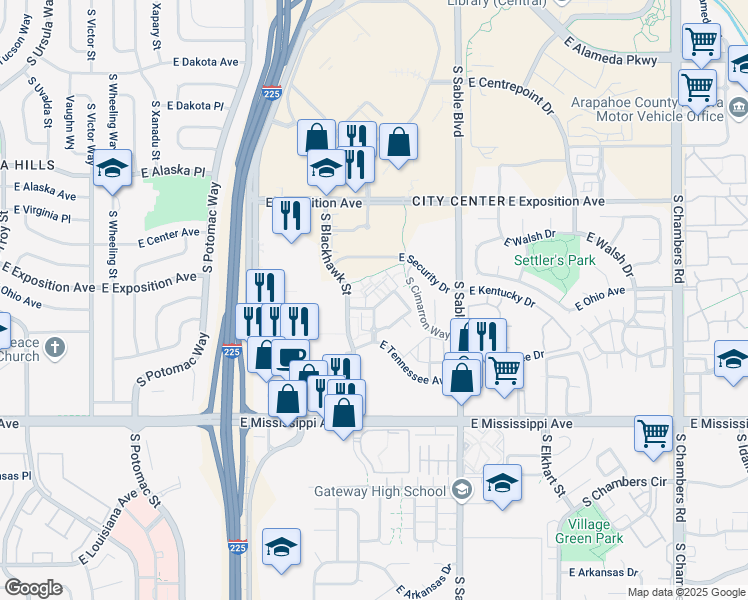 map of restaurants, bars, coffee shops, grocery stores, and more near 14221 East Kentucky Place in Aurora