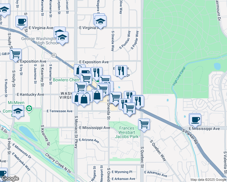 map of restaurants, bars, coffee shops, grocery stores, and more near 838 South Oneida Street in Denver