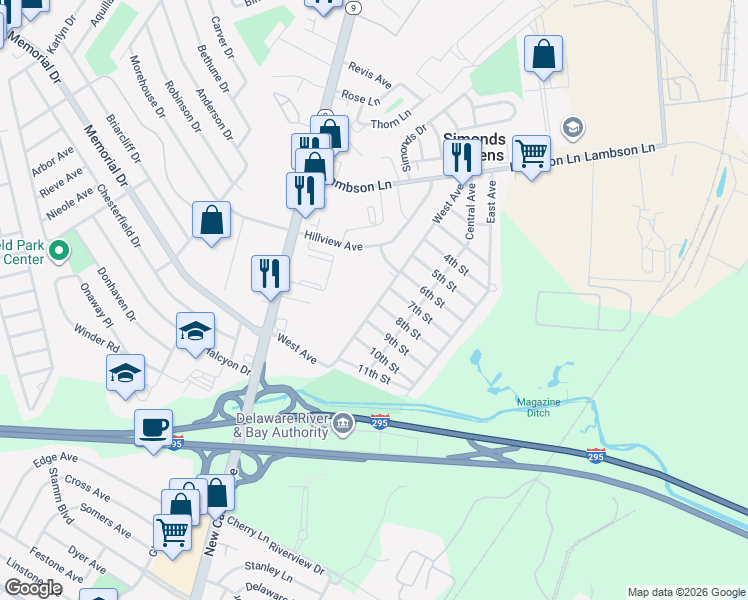map of restaurants, bars, coffee shops, grocery stores, and more near 709 West Avenue in New Castle