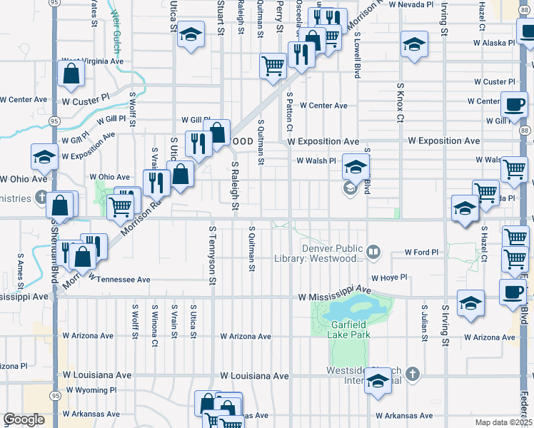 map of restaurants, bars, coffee shops, grocery stores, and more near 880 S Quitman St in Denver