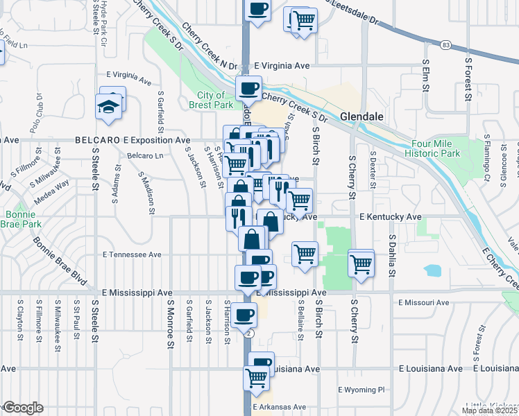map of restaurants, bars, coffee shops, grocery stores, and more near 870 South Colorado Boulevard in Glendale