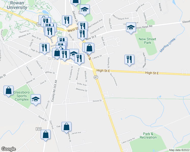 map of restaurants, bars, coffee shops, grocery stores, and more near 9 Delsea Drive South in Glassboro
