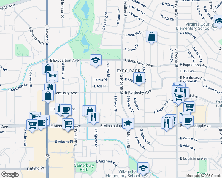 map of restaurants, bars, coffee shops, grocery stores, and more near 11433 East Kentucky Avenue in Aurora