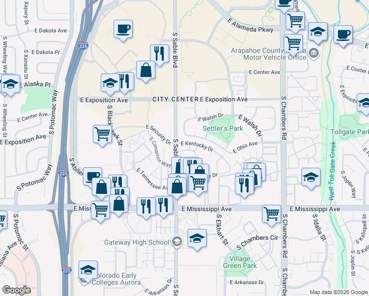 map of restaurants, bars, coffee shops, grocery stores, and more near 920 South Dawson Way in Aurora
