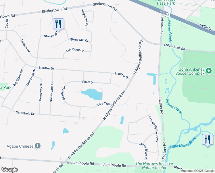 map of restaurants, bars, coffee shops, grocery stores, and more near 291 North Alpha Bellbrook Road in Beavercreek