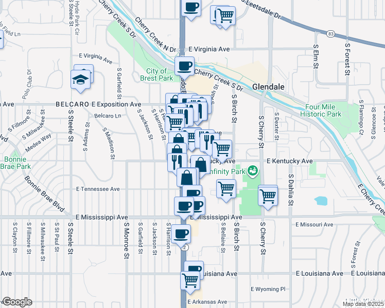 map of restaurants, bars, coffee shops, grocery stores, and more near 870 South Colorado Boulevard in Glendale