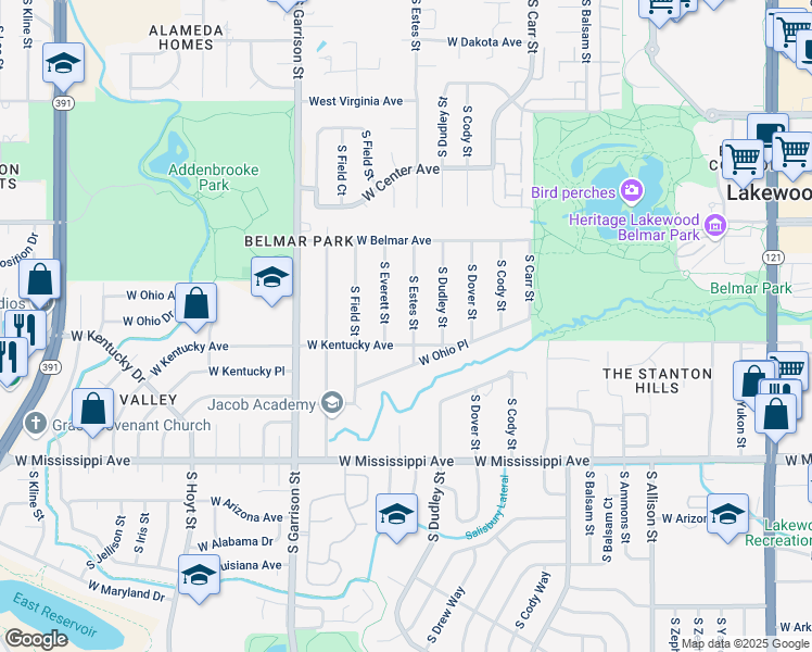 map of restaurants, bars, coffee shops, grocery stores, and more near 885 South Estes Street in Lakewood