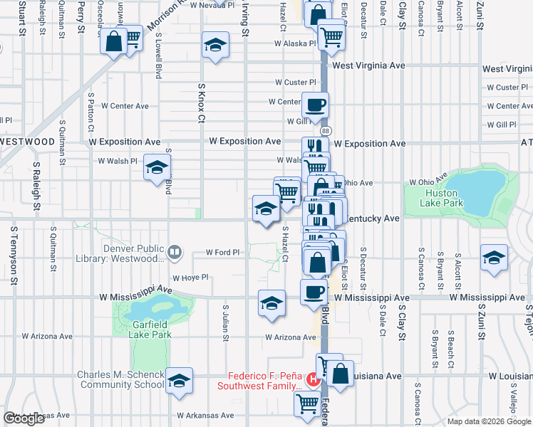 map of restaurants, bars, coffee shops, grocery stores, and more near 3205 West Kentucky Avenue in Denver