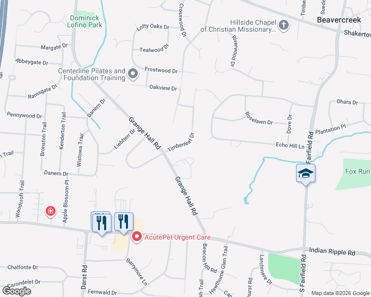 map of restaurants, bars, coffee shops, grocery stores, and more near 284 Timberleaf Drive in Beavercreek