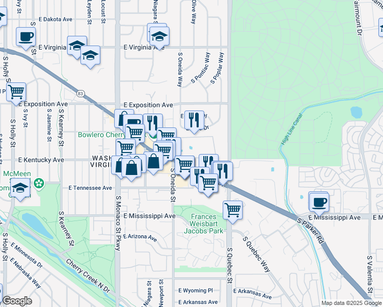 map of restaurants, bars, coffee shops, grocery stores, and more near 888 South Oneida Street in Denver