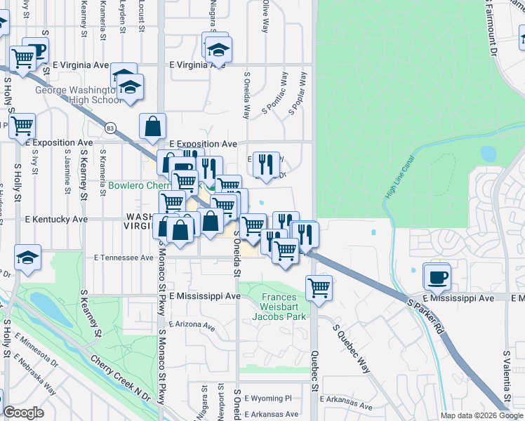 map of restaurants, bars, coffee shops, grocery stores, and more near 836 South Oneida Street in Denver