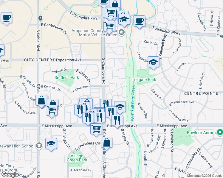 map of restaurants, bars, coffee shops, grocery stores, and more near 932 South Helena Way in Aurora