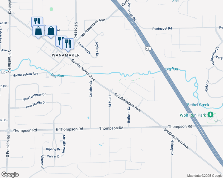 map of restaurants, bars, coffee shops, grocery stores, and more near 9304 Southeastern Avenue in Indianapolis