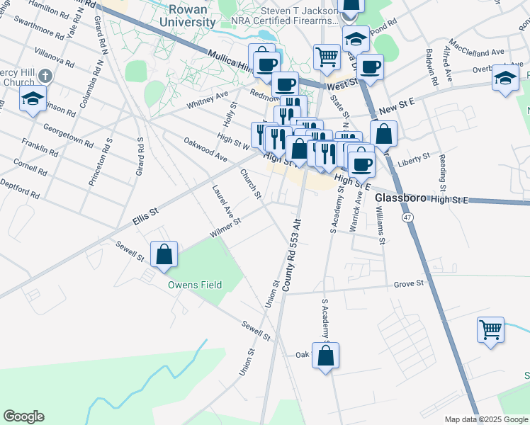 map of restaurants, bars, coffee shops, grocery stores, and more near 23 Church Street in Glassboro