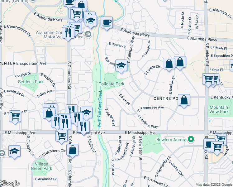 map of restaurants, bars, coffee shops, grocery stores, and more near 15820 East Ford Place in Aurora