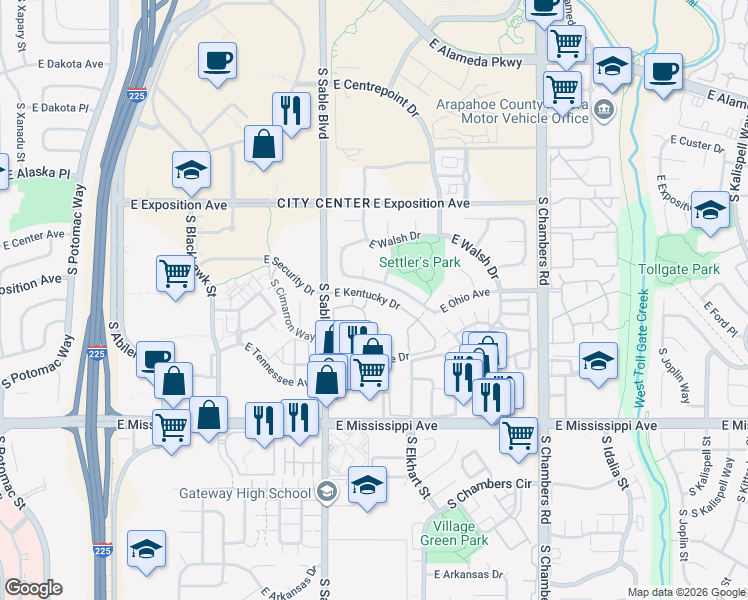 map of restaurants, bars, coffee shops, grocery stores, and more near 922 South Dearborn Way in Aurora