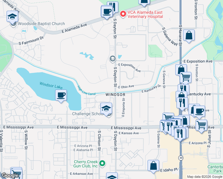 map of restaurants, bars, coffee shops, grocery stores, and more near 795 South Alton Way in Denver