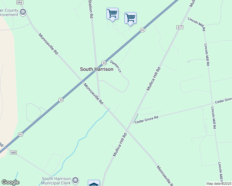map of restaurants, bars, coffee shops, grocery stores, and more near 116 Danton Lane in South Harrison