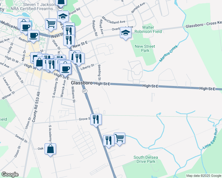 map of restaurants, bars, coffee shops, grocery stores, and more near 230 High St E in Glassboro