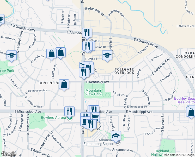 map of restaurants, bars, coffee shops, grocery stores, and more near 17036 East Ohio Drive in Aurora