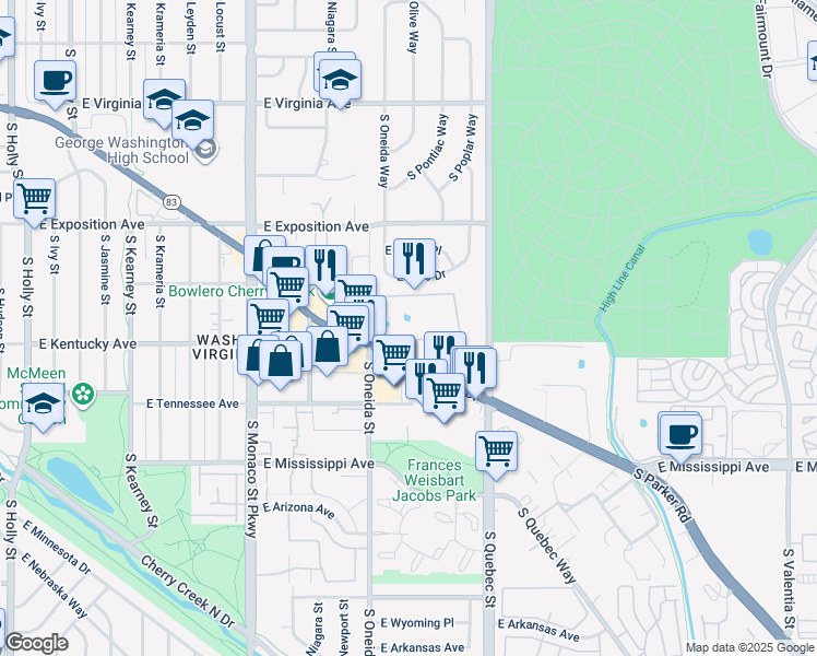 map of restaurants, bars, coffee shops, grocery stores, and more near 836 South Oneida Street in Denver