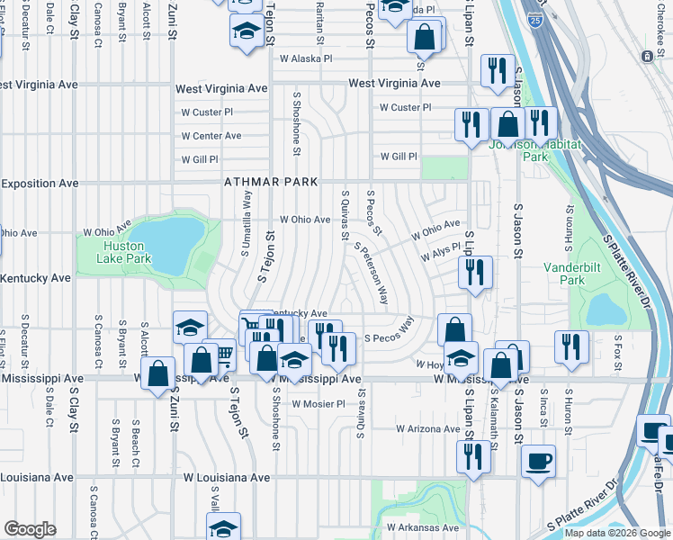 map of restaurants, bars, coffee shops, grocery stores, and more near 851 South Quivas Street in Denver