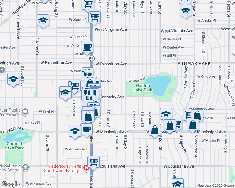 map of restaurants, bars, coffee shops, grocery stores, and more near 880 South Dale Court in Denver