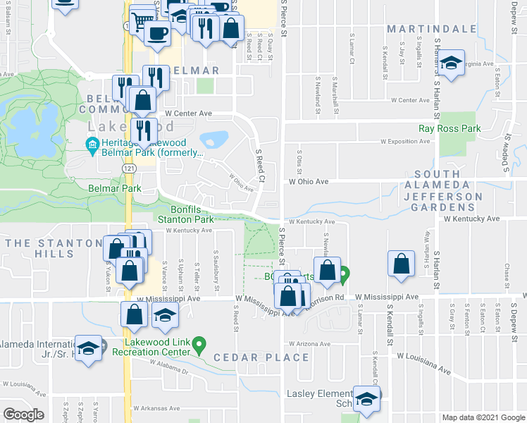 map of restaurants, bars, coffee shops, grocery stores, and more near 888 South Reed Court in Lakewood