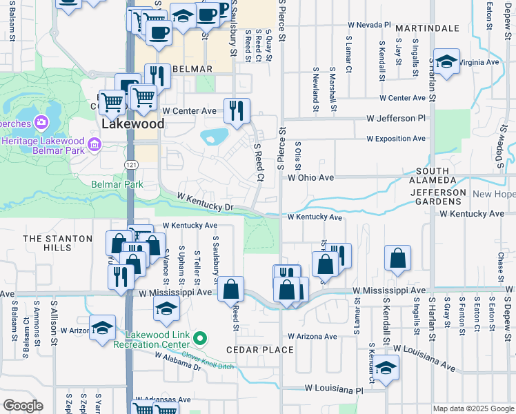 map of restaurants, bars, coffee shops, grocery stores, and more near 888 South Reed Court in Lakewood