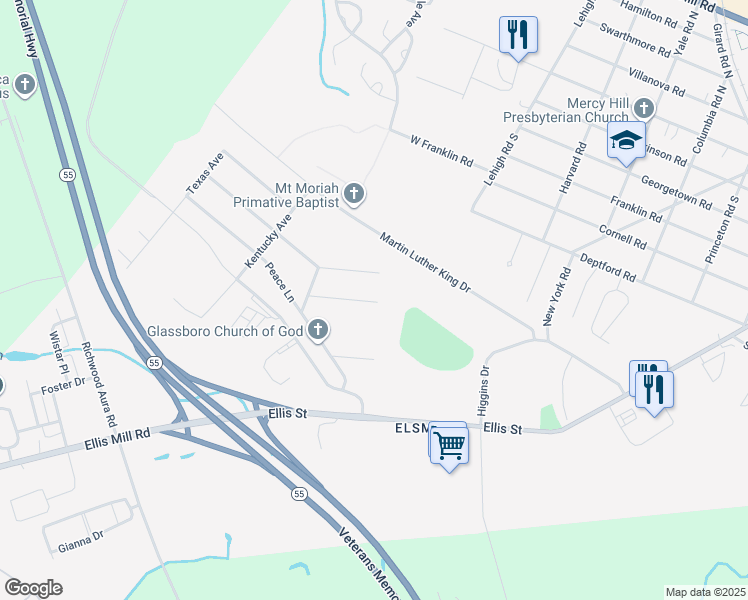 map of restaurants, bars, coffee shops, grocery stores, and more near 100 Victory Drive in Glassboro