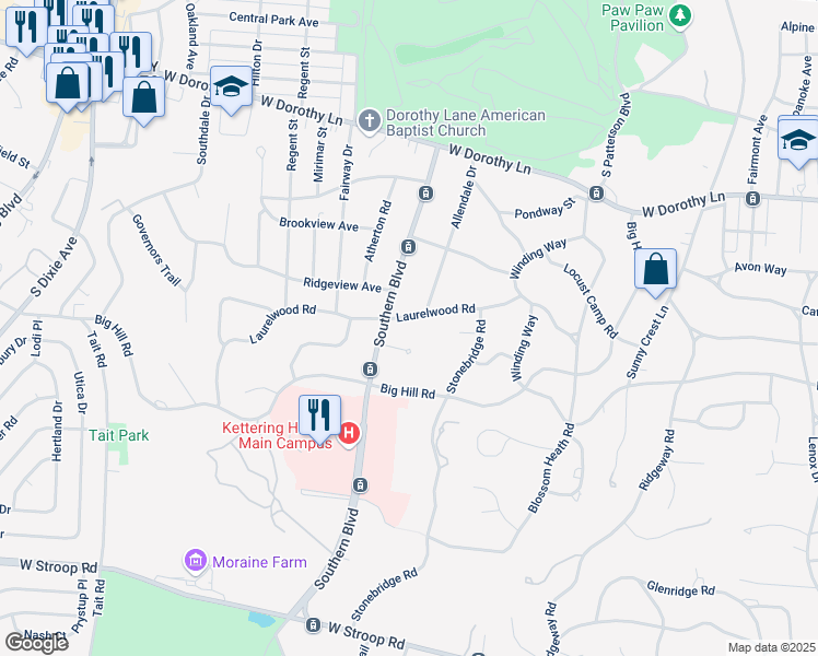 map of restaurants, bars, coffee shops, grocery stores, and more near 1002 Laurelwood Road in Dayton