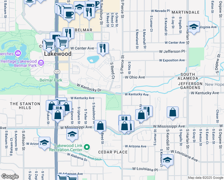 map of restaurants, bars, coffee shops, grocery stores, and more near 888 South Reed Court in Lakewood