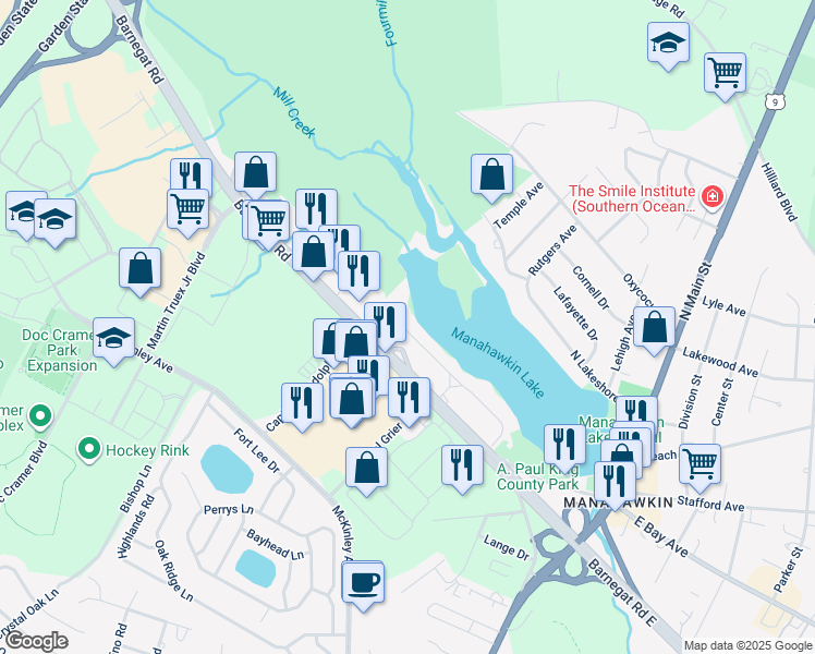 map of restaurants, bars, coffee shops, grocery stores, and more near 322 South Lakeshore Drive in Stafford Township
