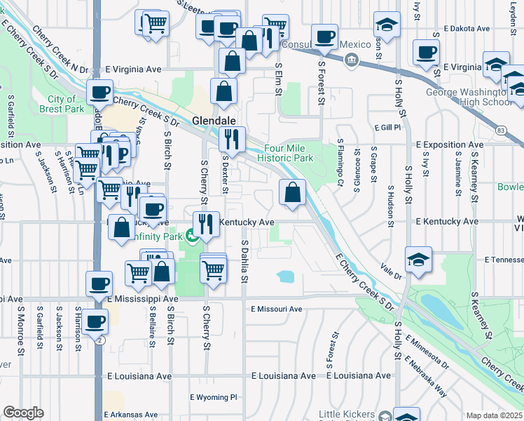 map of restaurants, bars, coffee shops, grocery stores, and more near 4805 East Kentucky Avenue in Denver