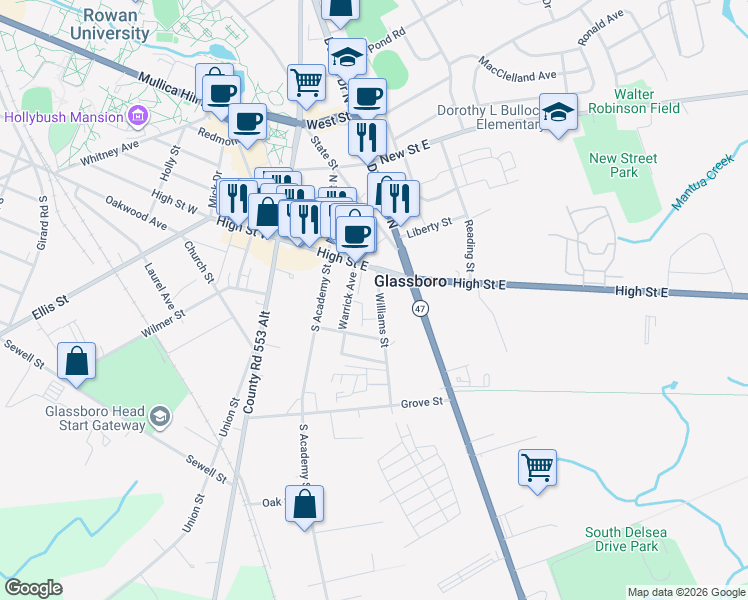 map of restaurants, bars, coffee shops, grocery stores, and more near 15 Williams Street in Glassboro