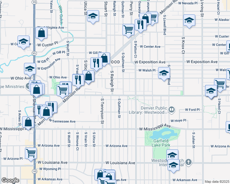 map of restaurants, bars, coffee shops, grocery stores, and more near 4189 West Kentucky Avenue in Denver